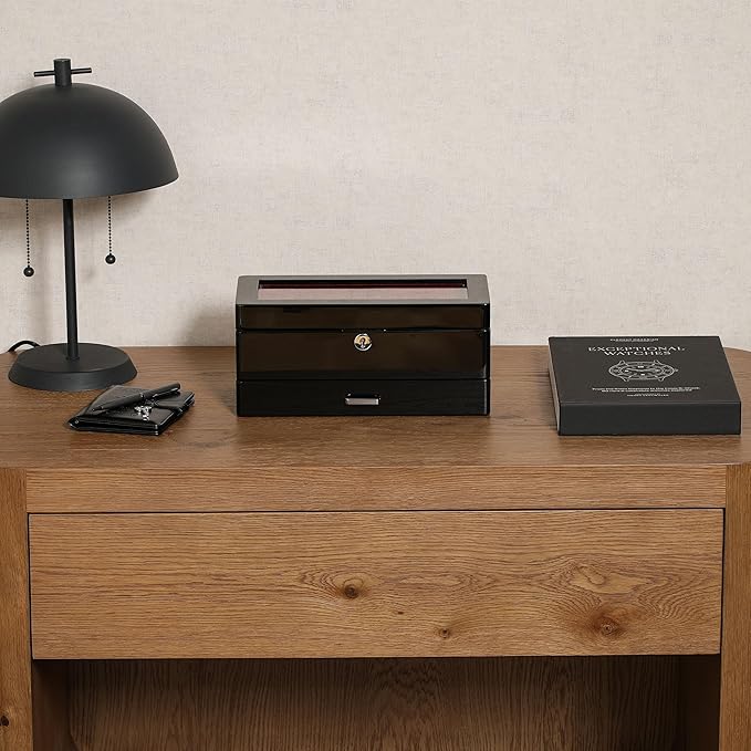 ROTHWELL 4-Slot Piano Black Watch Box with Valet Drawer - Premium Jewelry Display Case Organizer with Locking Glass Top and Microsuede Liner for Men & Women (Red Interior)