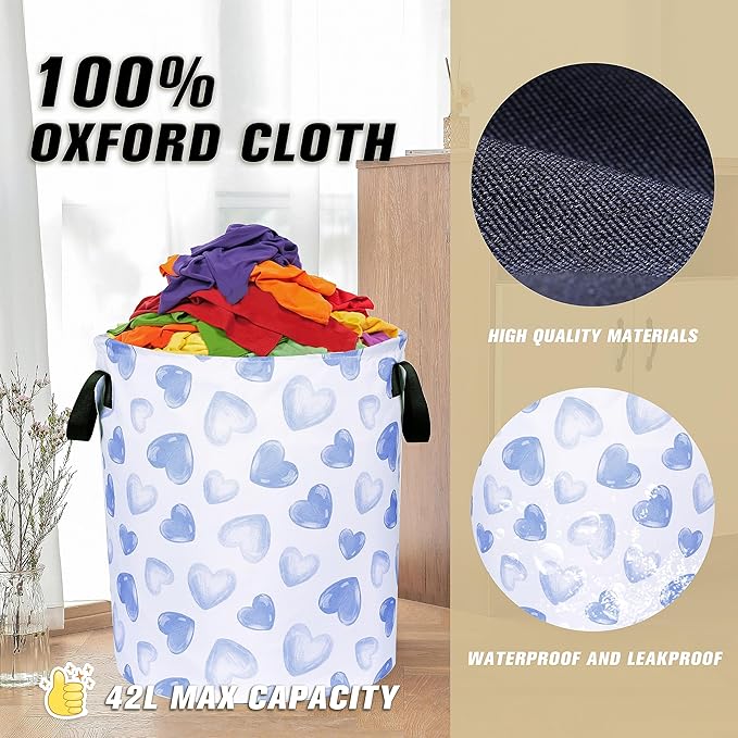 Blue Heart Laundry Basket Funny Cartoon Foldable Oxford Cloth Tote Bag Laundry Hamper Clothes Storage Bucket Organizer For Bathroom/Laundry Storage/Bedroom Storage Basket 17.7x13.7Inch