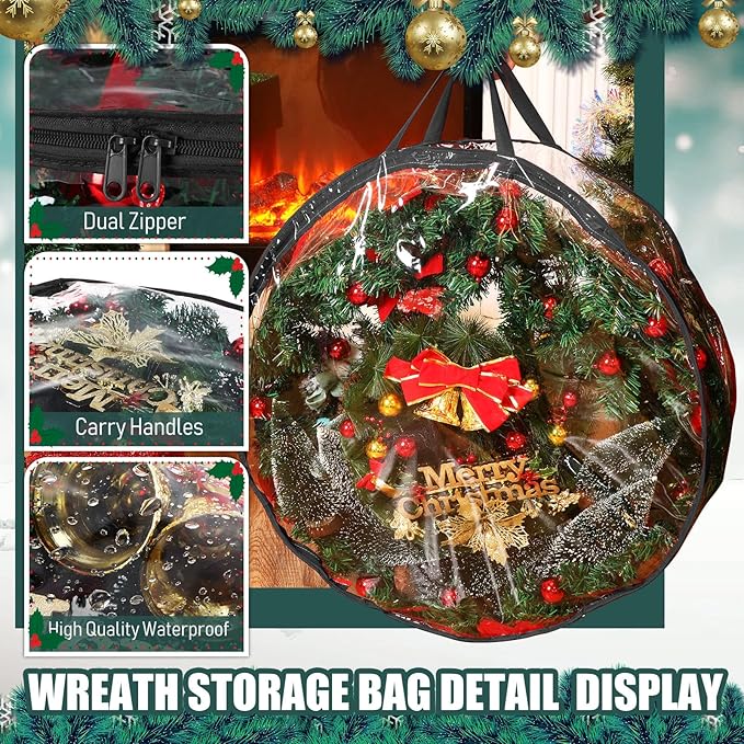 Shappy 4 Pieces Christmas Wreath Storage Container 30 Inch Wreath Plastic Storage Bags with Dual Zippers and Handles for Xmas Thanksgiving Holiday Artificial (Clear,Black)