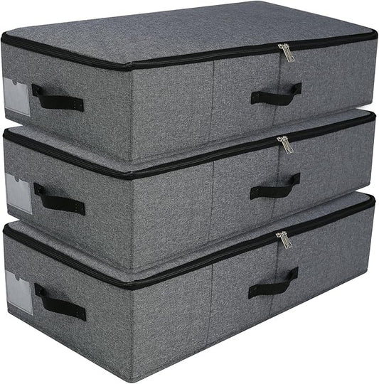 AMJ Large Under Bed Storage Containers, 3 Pack Closet Organizers Bins, Foldable Closet Organizers Storage for Blankets, Towels, Comforter, Sweaters, Linen Sheets, Wrapping Paper (Black Grey)