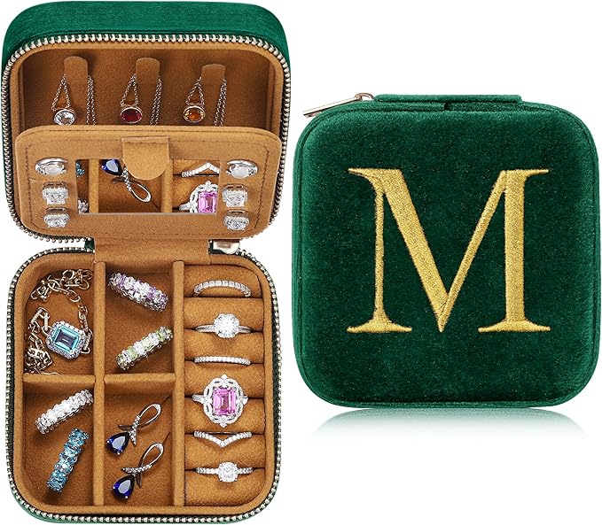 Parima Gifts for Women - Mom Gift, Mothers Day Gift, Mother Birthday Mother In Law Gifts, Plush Velvet Personalized Jewelry Box Travel Jewelry Case - Letter M, Green