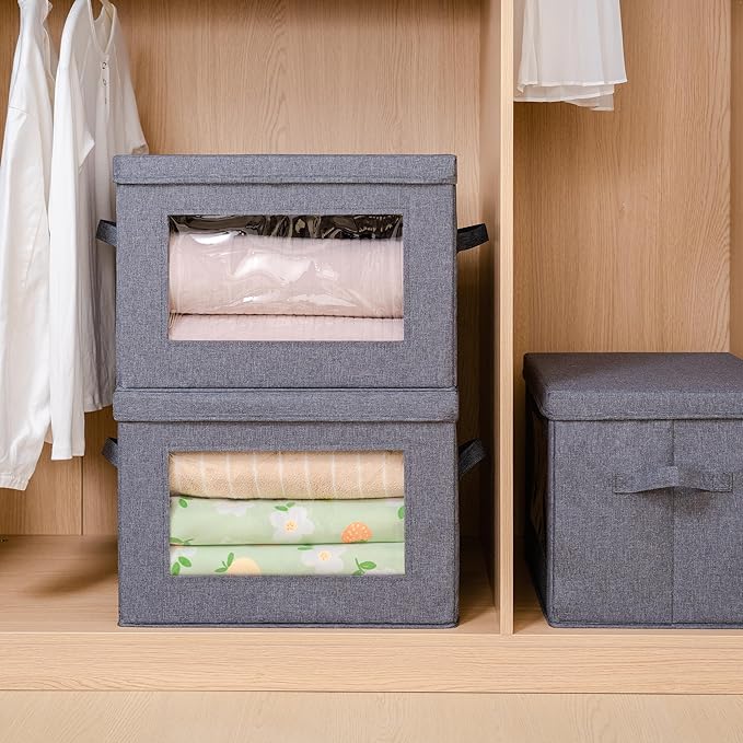 3-Pack Collapsible Storage Bins with Lids, Linen Fabric Foldable Storage Boxes, Cube Closet Organization for Clothes, Blankets and Books, Gray