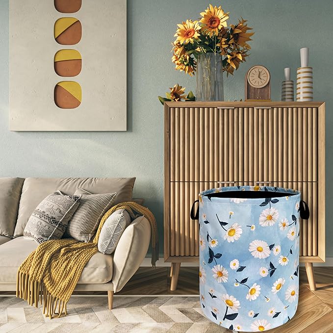 Cute Daisy Floral Laundry Hamper Foldable With Handles Flowers Tote Bag Oxford Cloth Colorful Laundry Basket Clothes Toy Storage Bucket 18.9" x 16.5" For Bathroom/Laundry/Bedroom