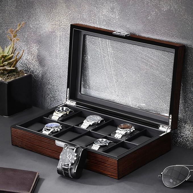 BEWISHOME Watch Case, 12-Slot Watch Box with Large Glass Lid, Wooden Watch Box Organizer for Men, Watch Storage with Removable Watch Pillows, Synthetic Leather Interior, Brown SSH12Y