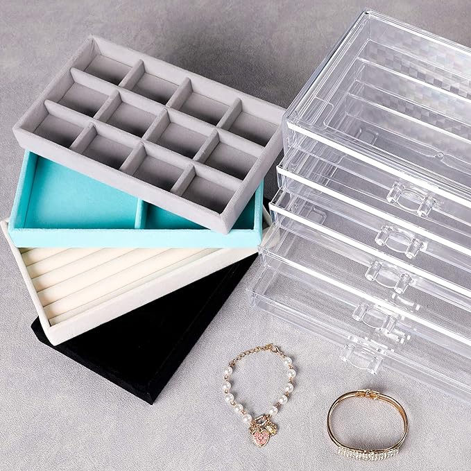 Frebeauty Extra Large Acrylic Jewelry Box for Women 5 Layers Clear Jewelry Organizer Velvet Earring Box with 5 Drawers Rings Display Case Necklaces Holder Tray for Women Girls (Grey)