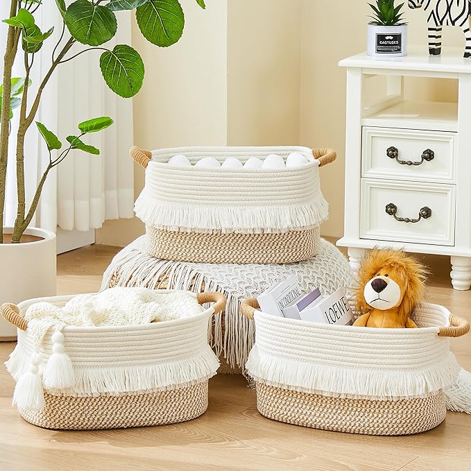 Storage Bins Woven Baskets for Storage Set of 3, Cotton Rope Basket with Handles for Toys/Shelves/Laundry, Rectangle Multi-Purpose Organizer for Living Room, Bedroom, Nursery (White/Brown)