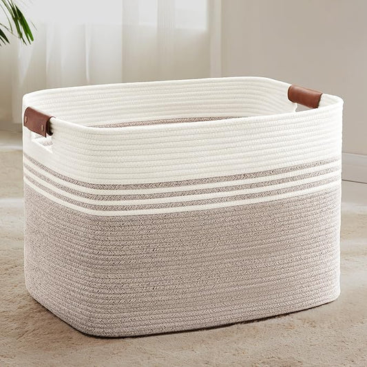 100L Extra Large Laundry Basket with Leather Handles for Living Room Storage, Woven Rope Baskets for Blanket, Kids Toy, Gifts, Wicker Hamper for Bedroom Dirty Clothes, 24"x16"x16" White Brown
