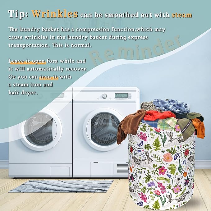 Cute Rabbit Laundry Hamper Foldable With Handles Animal Flower Tote Bag Universal Oxford Cloth Colorful Laundry Basket Clothe Toy Storage Bucket 18.9"x16.5"For Bathroom/Laundry/Bedroom
