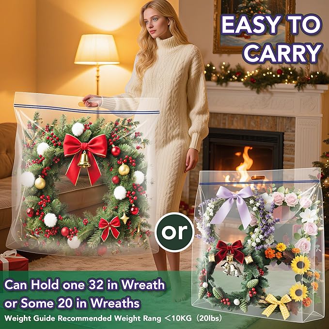 Extra Large Wreath Storage Bag, 34"x34"x8.5", Clear Storage Bag with Handle, Summer Christmas Decoration Garland Container for Seasonal Thanksgiving Holiday Artificial Wreath, 4 Pack