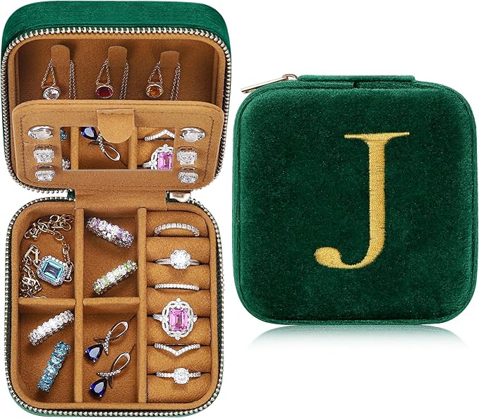 Parima Travel Jewelry Case - Small Mini Box for Women, Organizer, Personalized Custom Monogrammed Letter J, Green