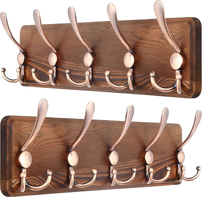 SKOLOO Coat Rack Wall Mounted - Pack of 2, Wooden, Heavy Duty, Rustic Coat Hooks for Wall, Wall Coat Rack with 5 Triple Hooks for Hanging Clothes, Jacket, Hat(Brown & Retro Red)
