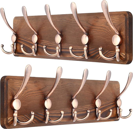 SKOLOO Coat Rack Wall Mounted - Pack of 2, Wooden, Heavy Duty, Rustic Coat Hooks for Wall, Wall Coat Rack with 5 Triple Hooks for Hanging Clothes, Jacket, Hat(Brown & Retro Red)