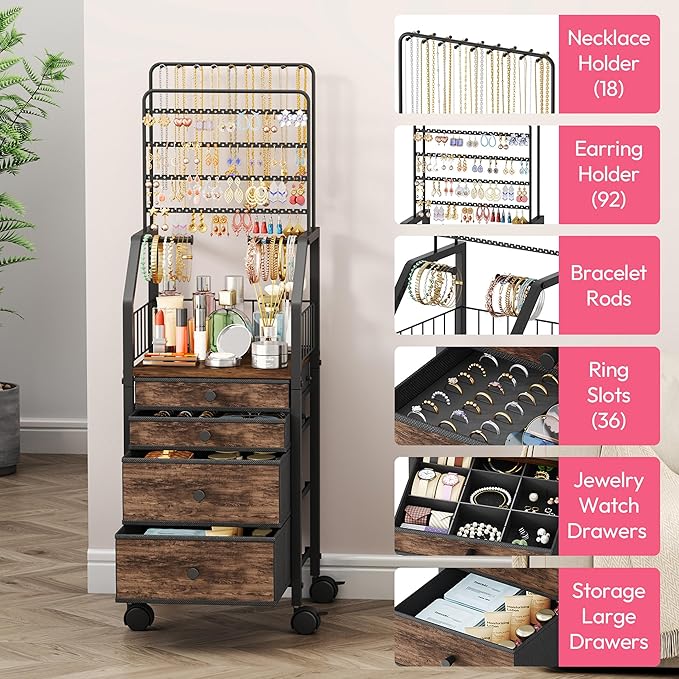 SWTYMIKI Large Jewelry Organizer Stand - Multifunctional Rack Tower for Necklace, Earring, Ring & Bracelet Display - Moveable Storage Jewelry Holder Stand with 4 Nonwoven Drawers for Bedroom Espresso