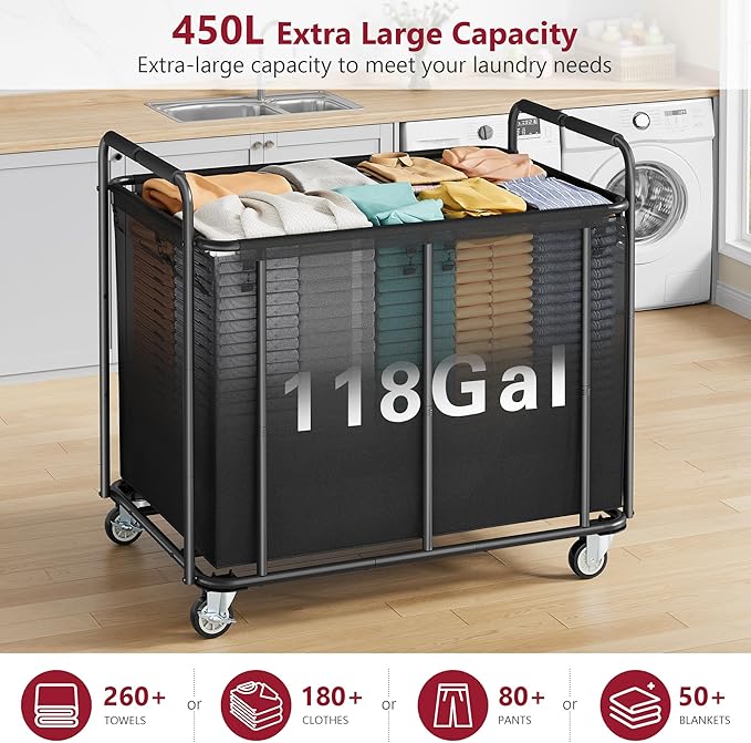 Tajsoon Rolling Laundry Hamper, 450L Extra Large Laundry Basket with Wheels, Heavy Duty Laundry Cart with Metal Frame, Commercial Laundry Cart for Laundry Storage, Hotel, Bathroom, Bedroom, Black