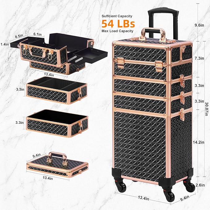 Rolling Makeup Case, Makeup Train Case with Lid, 5 in 1 Cosmetology Case on Wheels, Christmas Gift, Large Makeup Organizers, Profesional Cosmetic Case for Salon Barber, Black gold