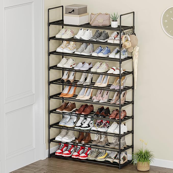 10 Tier Shoe Rack, Tall Shoe Rack for Entryway, Shoe Organizer for Closet, Shoe Storage for Front Door Entrance & Entryway, Large Long Shoe Stand Holder Adjustable Shelf Height