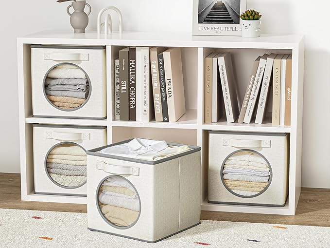 Vailando Foldable Fabric Storage Cube with Round Window - 4 Pack 13"x13"x13" Collapsible Closet Organizer Bins for Clothes, Shelves, Offices, Toys & Misc, White & Ivory