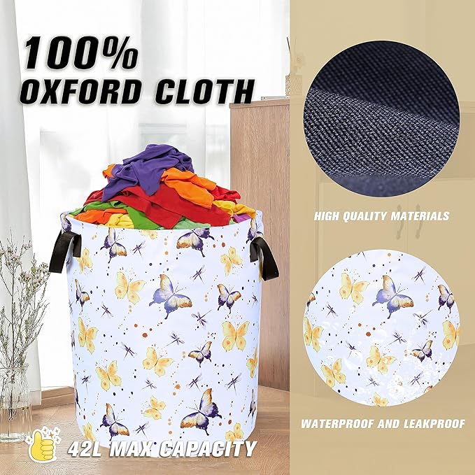 Butterfly Laundry Basket Colorful Animals Foldable Oxford Cloth Tote Bag Laundry Hamper Clothes Storage Bucket Organizer For Bathroom/Laundry Storage/Bedroom Storage Basket 17.7x13.7Inch