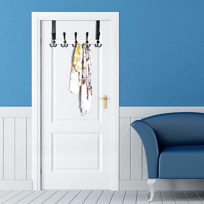 SKOLOO Over The Door Hook - for Doors up to 1-3/4'' Thickness, Metal Door Hanger with 5 Triple Hooks, Black on White Over The Door Hanger for Coats, Hats, Towels, Assembly Required