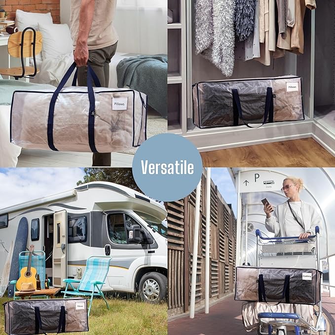 VENO 10 Pack Moving Bags, Christmas Storage Containers, Storage Bins with Lids, Reinforced Wraparound Handles, Packing Bags for Clothes, Bedding, Comforters (Clear, 10 Pack)