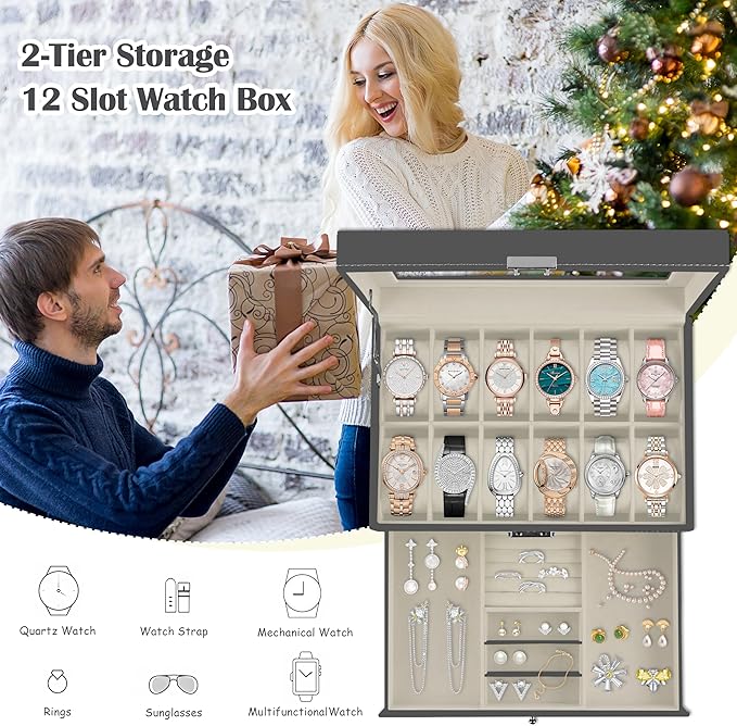 Ogrmar 12 Slot PU Leather Lockable Watch Storage Boxes, Men & Women Jewelry Display Drawer Case, 2-tier Organizer Watch Showcase with Glass Lid (Grey)