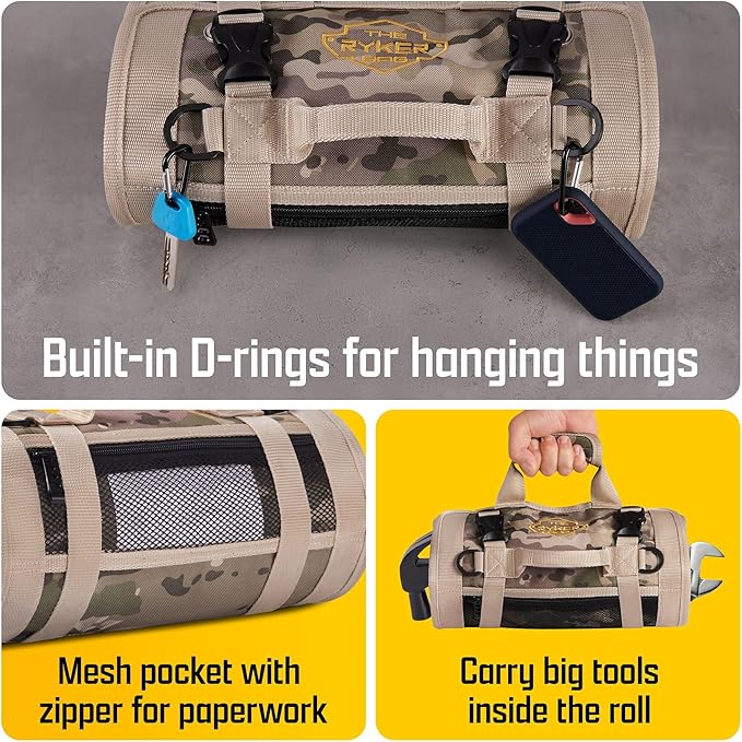 The Ryker Roll Up Tool Bag Organizer Gifts for Dad. Heavy Duty Motorcycle Tool Roll Bag Organizer. Portable Rollup Toolbag w/Detachable Pouches - Tools Bags Mens gifts for him/Mechanic - Camouflage