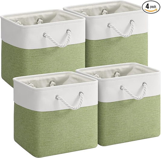 12 x 12 Inch Cube Storage Bins, 4 Pack Fabric Storage Basket with Handles, Foldable Boxes Organizer for Shelf Baskets for Home, Clothes (White/Green)