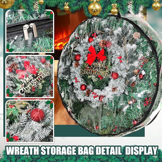 Shappy 6 Pcs 36 Inch Christmas Wreath Storage Container Clear Wreath Storage Bags PVC Waterproof Garland Bags with Clear Window Dual Zippers and Handles for Xmas Holiday Artificial Garland (Black)
