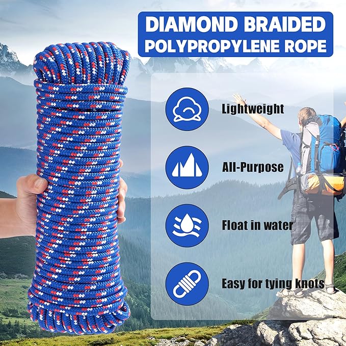 3/8 Inch 100 ft Diamond Braided Polypropylene Rope, All Purpose Thick Boat Marine Ropes for Camping and Flag Pole, Indoor and Outdoor Use, Blue
