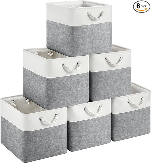 13x15x13 Storage Cube Bins, Heavy Duty Foldable Fabric Storage Bins with Handles and Metal Frame, 6 Pack Large Closet Organizer Bins for Clothes, Socks, Towels, White Grey