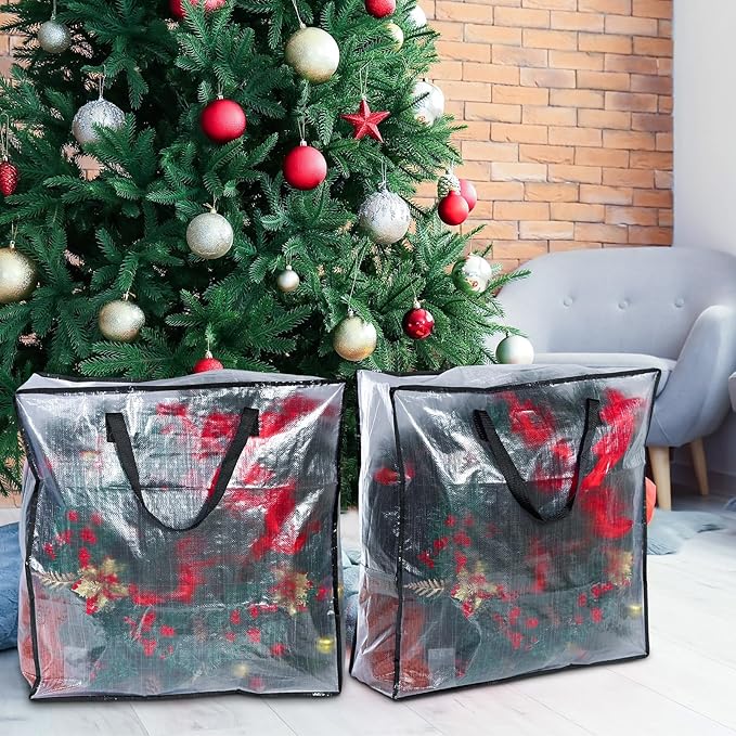 8 Pcs Clear Wreath Storage Bags 26 Inch Valentines St. Patrick's Garland Container Door Garland Holiday Wreath Storage Holder with Handle and Zipper Heavy Duty Plastic Packing Totes(Black)