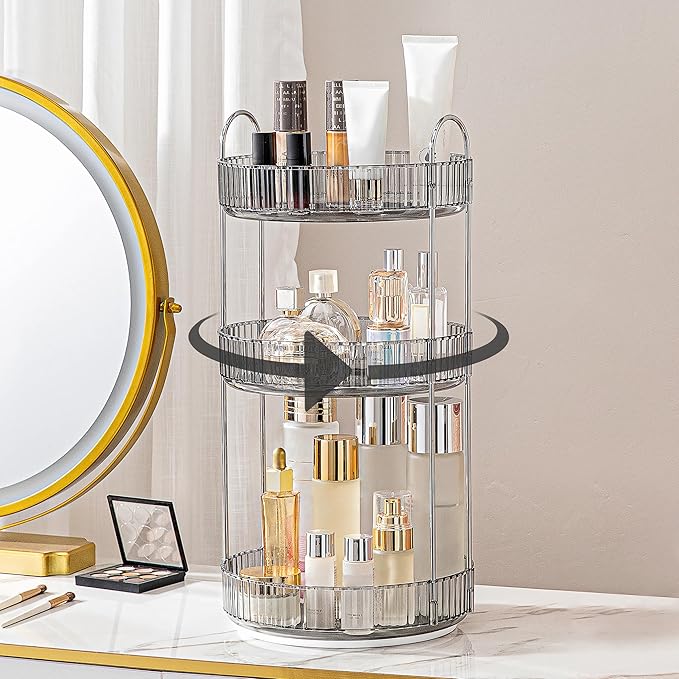 360 Rotating Makeup Organizer for Vanity, Bathroom Countertop Spinning Perfume Organizer, High-Capacity Cosmetic and Skincare Dresser Make Up Holder Rack (3 Tiers, Grey)