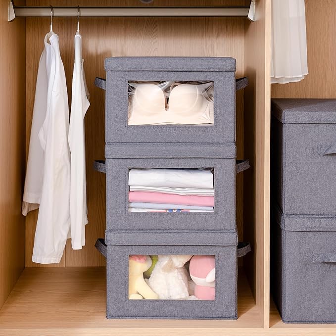 3-Pack Collapsible Storage Bins with Lids, Linen Fabric Foldable Storage Boxes, Cube Closet Organization for Clothes, Blankets, Books, Gray