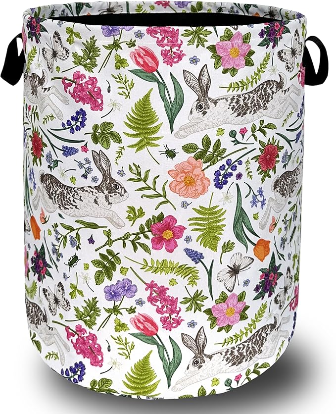 Cute Rabbit Laundry Hamper Foldable With Handles Animal Flower Tote Bag Universal Oxford Cloth Colorful Laundry Basket Clothe Toy Storage Bucket 18.9"x16.5"For Bathroom/Laundry/Bedroom