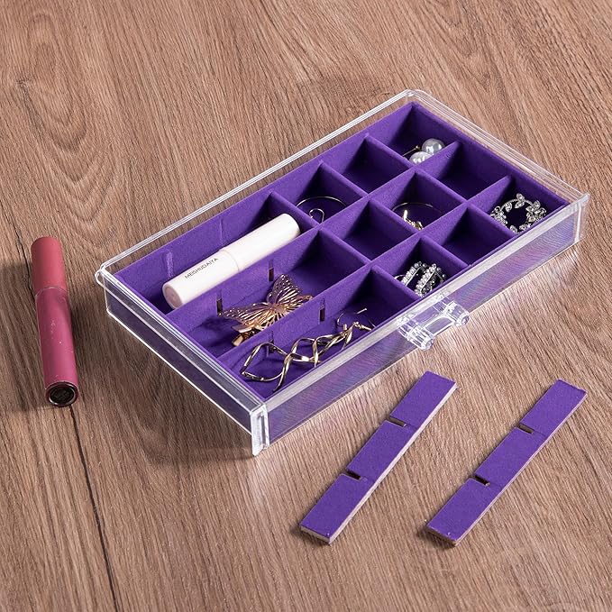 Frebeauty Acrylic Jewelry Organizer Earring Organizer Box with 5 Drawers Earring Holder Organizer with Velvet Trays Clear Jewelry Box for Women Earring Display for Rings Studs(Purple)