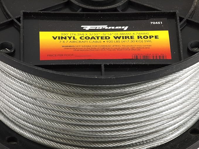 Forney 70451 Wire Rope, Vinyl Coated Aircraft Cable, Silver, 250-Feet-by 3/32-Inch thru 3/16-Inch