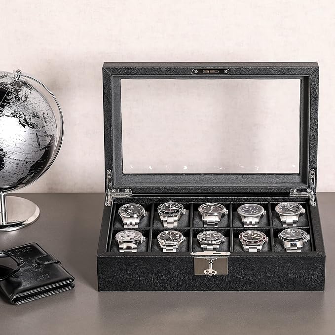 ROTHWELL 10 Slot Leather Watch Box - Luxury Case Display Jewelry Organizer - Locking Watch Display Case Holder with Large Glass Top - Box Organizer for Men and Women (Black/Grey)