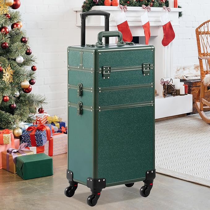 Makeup Train Case, Rolling Makeup Case, 3 in 1 Cosmetology Case on Wheels, Christmas Gift, Large Makeup Case Organizers, Profesional Cosmetic Case for Salon Barber, Green