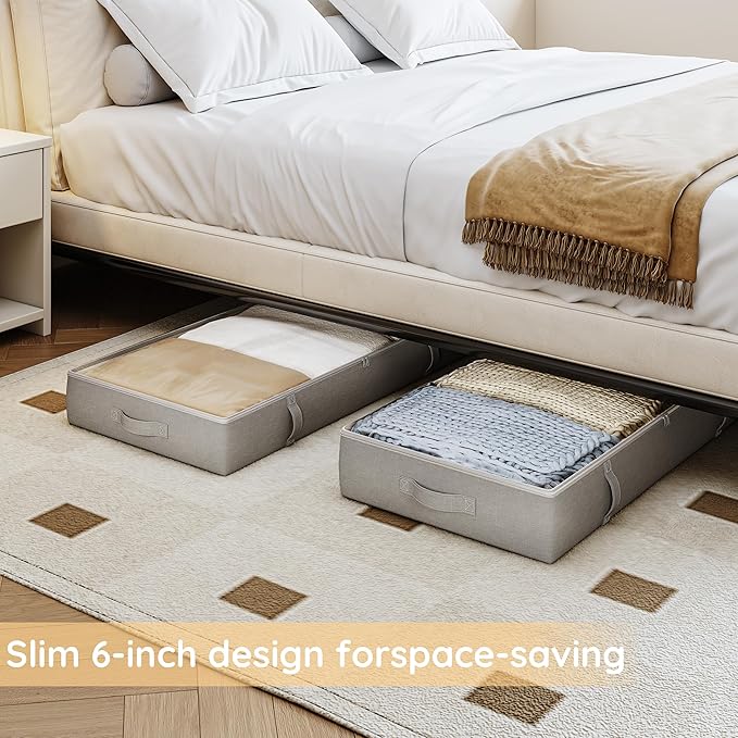 Vailando Storage Containers, 6 Inches Tall 60L Underbed Storage Bins with Sturdy Handles and Sidewalls, Closet Organizer for Clothes, Blankets, Seasonal Items, Gray, 2-Pack