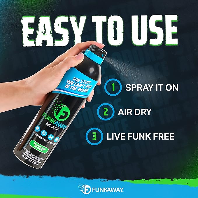 FunkAway Big Jobs Aerosol Spray, 13.5 oz., 6 Pack, Extreme Odor Eliminator Spray, Ideal for Shoe Smells, Pet Odors and Large Stuff that Won't Fit in the Wash; Attacks Musty Odors at the Source
