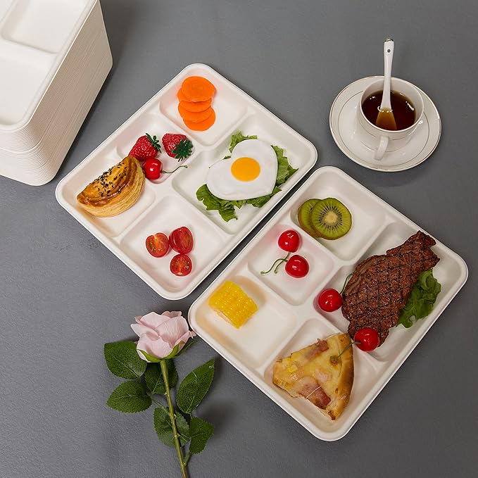 Small and Shallow 10.25 * 8.25inch 5 Compartment Plates 125pack, Disposable 5 Section eco friendly Sugarcane Divided Plates,School Lunch Tray And Disposable Plates With Compartment