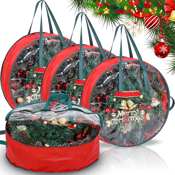 Shappy 4 Pcs Christmas Wreath Storage Bag Wreath Storage Container with Clear Window Plaid Box with Handles for Storing Garland Holiday Wrapping(Red,30 x 7 Inch)