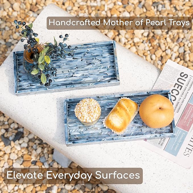 PEMAR Blue Mother of Pearl Tray Set of 2 – Handcrafted Decorative Vanity & Countertop Organizer for Bathroom, Entryway, Coffee Table – Elegant Home Decor Accent, 11.8" Lx5.1 Wx1 H