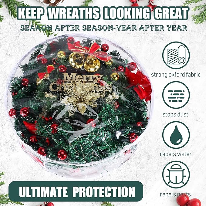 Zhengmy 20 Pcs 24 Inch Christmas Wreath Storage Bags Transparent Wreath Storage Container Bulk Wreaths Box with Dual Zippers and Handles for Xmas Holiday Wreaths Garland