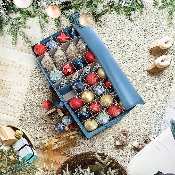 Hearth & Harbor Large Christmas Ornament Storage Box With Adjustable Dividers - Ornament Storage Container For 128 Holiday Ornaments or Decorations