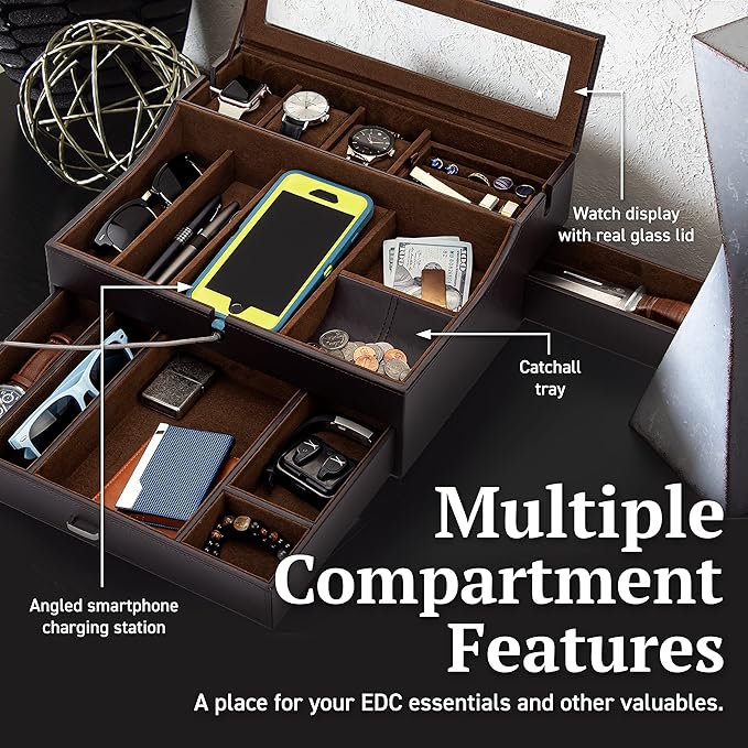 Mens Valet Box Organizer, Large Leather Valet Tray for Men, Mens Valet Tray Organizer with Charging Station, Mens Jewelry Box Organizer for EDC Valet Mens Accessories, Nightstand Bedside Dresser Top