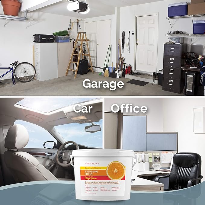 SMELLS BEGONE 1-Gallon Gel Odor Eliminator – High-Capacity, Long-Lasting Absorber for Large Basements, Garages, Workshops & Commercial Areas – Remove Tough Odor with Essential Oils (Energizing Citrus)