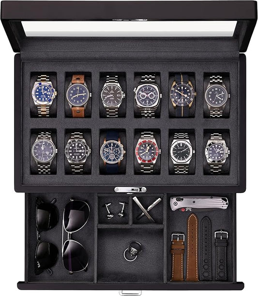 ROTHWELL 12-Slot Matte Black Watch Box with Valet Drawer - Premium Jewelry Display Case Organizer with Locking Glass Top and Microsuede Liner for Men & Women (Carbon Interior)