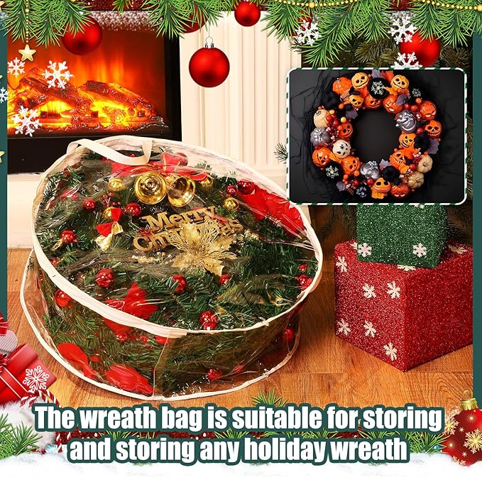 Zhengmy 15 Pcs 24 Inch Christmas Wreath Storage Bags Transparent Wreath Storage Container Bulk Wreaths Box with Dual Zippers and Handles for Xmas Holiday Wreaths Garland