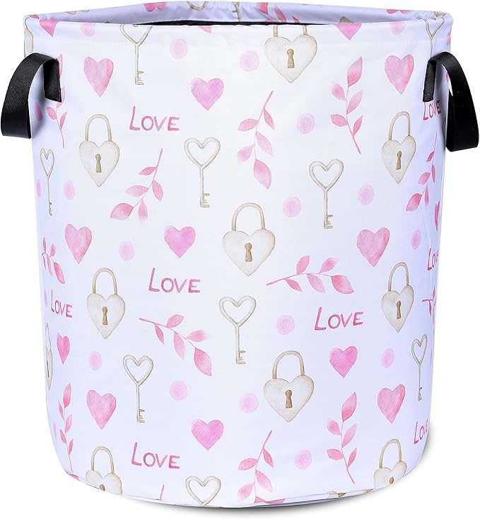 Love Cylinder Key Laundry Basket Pink Heart Foldable Oxford Cloth Tote Bag Laundry Hamper Clothes Storage Bucket Organizer For Bathroom/Laundry Storage/Bedroom 17.7x13.7Inch